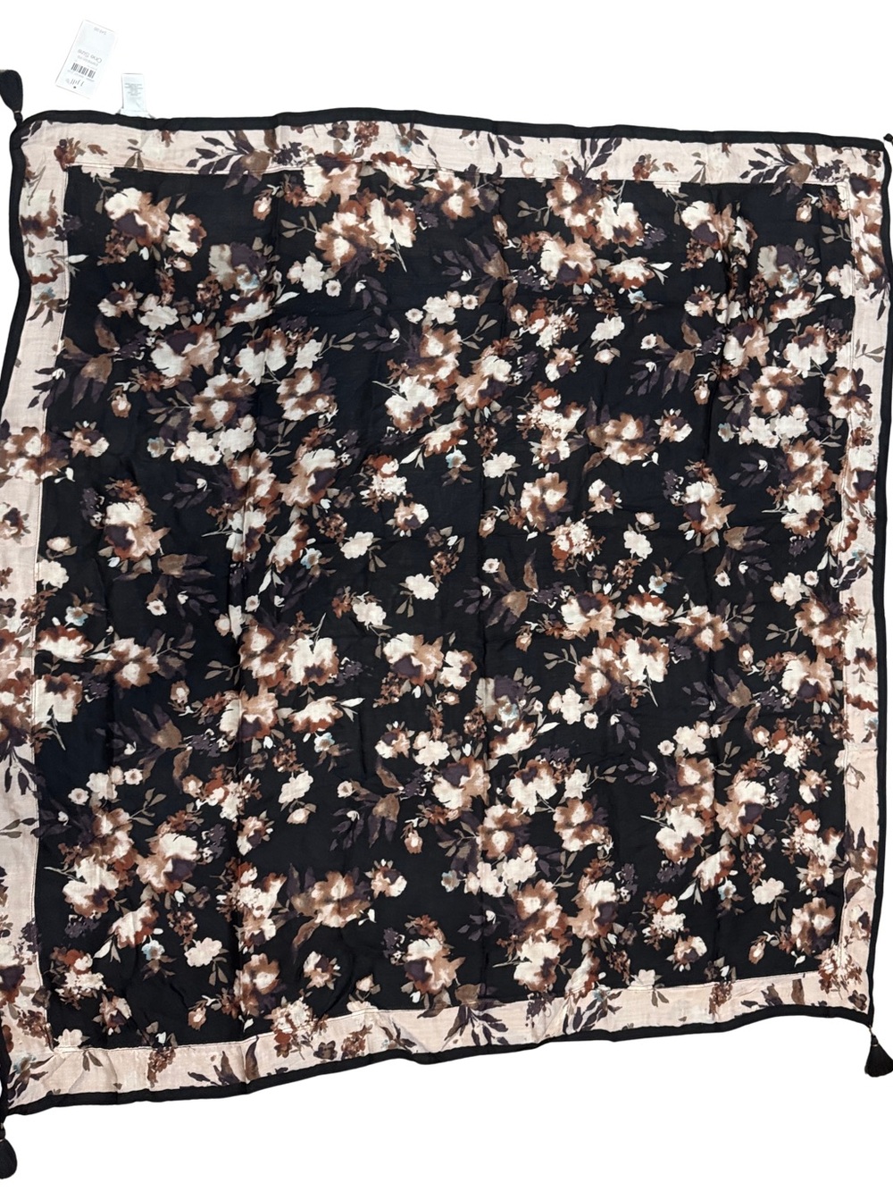 J. Jill Black Floral Square Scarf with Brown & Cream Accents